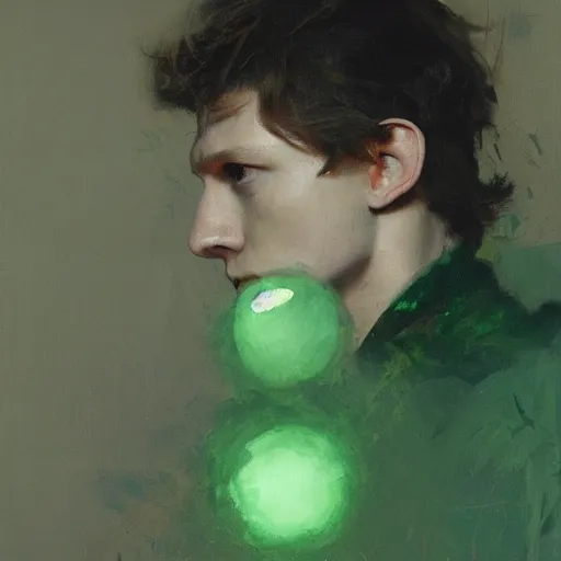 Image similar to tom holland wearing green tunic holding glowing purple orb by ruan jia, portrait