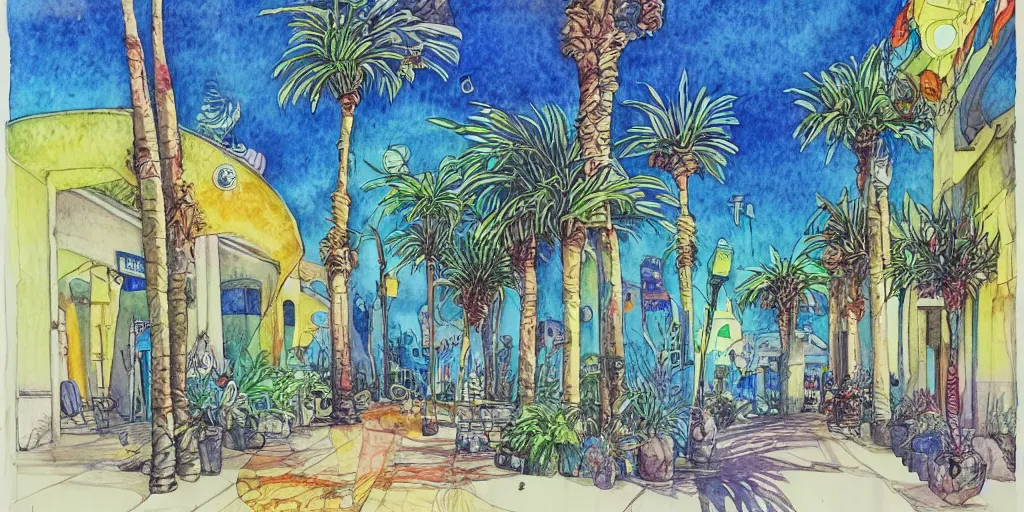 Prompt: pen drawing. watercolor. pixar, tel aviv street, bauhaus, palm trees, nostalgia for a fairytale, magic realism, flowerpunk, mysterious vivid colors by andy kehoe and amanda clarke