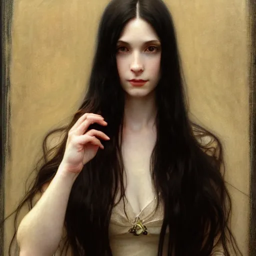 Image similar to Portrait of a beautiful, pale skin, female with long black hair, dark brown eyes, gentle smiling expression, elegant clothing, photorealistic, highly detailed, artstation, smooth, sharp focus, art by Klimt, artgerm, Greg Rutkowski and Alphonse Mucha