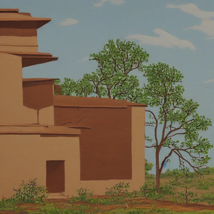 Image similar to a building in a serene landscape, tribal painting