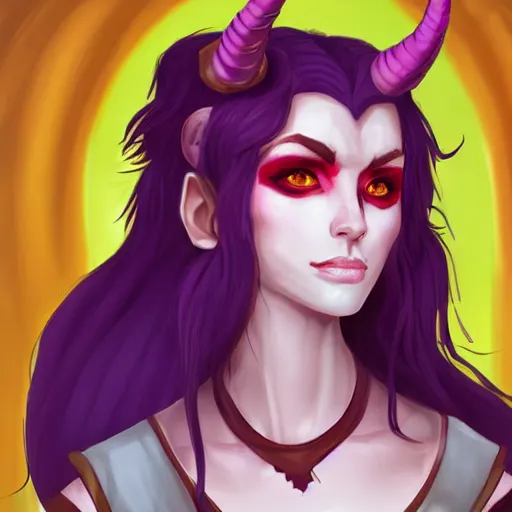 Image similar to a portrait of a cute tiefling girl with a scar along her face, red hair, skin colour purple, horns from her head, yellow eyes, cleric, dnd art, fantasy, digital art, high quality.