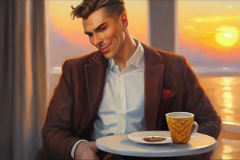 Image similar to attractive man drinking coffee, sunset, painting by vladimir volegov, j. c. leyendecker, tom of finland, trending on artstation