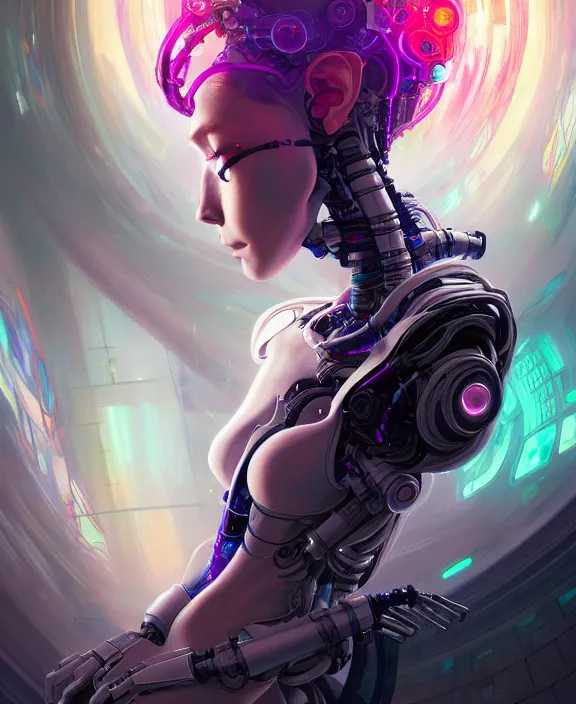 Prompt: whirlwind souls rushing inside metaverse, half body, tiara, robotic, android, cyborg, cyberpunk face, by loish, d & d, fantasy, intricate, elegant, highly detailed, colorful, vivid color, digital painting, artstation, concept art, art by artgerm and greg rutkowski and alphonse mucha and ruan jia