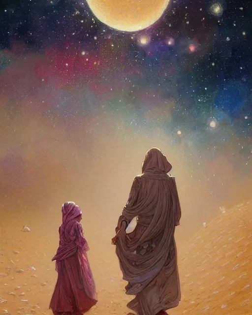 Image similar to bedouin man and woman and child in galaxy walking towards mosque surrounded by nebula, highly detailed, gold filigree, romantic storybook fantasy, soft cinematic lighting, award, disney concept art watercolor illustration by mandy jurgens and alphonse mucha and alena aenami, pastel color palette, featured on artstation