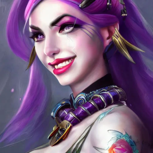 Image similar to portrait of Jinx from League of Legends, high resolution fantasy concept art, realistic, intricate details, soft lighting