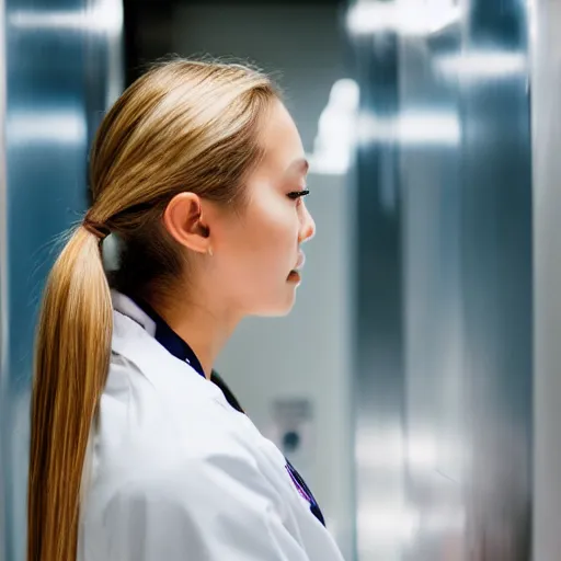 Prompt: full body profile of cute female nurse, blond hair. ponytail, white coat, in an elevator, daniel kim, tight focus, 2 5 mm lense