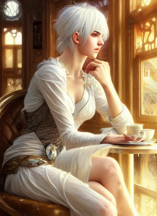 Image similar to a beautiful girl with white hair and bangs, sitting in a cafe, fantasy, intricate, elegant, highly detailed, digital painting, artstation, concept art, matte, sharp focus, illustration, art by Artgerm and Greg Rutkowski and Alphonse Mucha