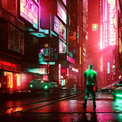 Image similar to A man with nothing left to lose, wandering in the hostile neon-soaked dirty streets of a city from the future, armed and dangerous, cyberpunk. night, rain, dark clouds, realistic 4k octane beautifully detailed render, 4k post-processing, highly detailed, intricate complexity, epic composition, magical atmosphere, cinematic lighting, masterpiece, ultra hd