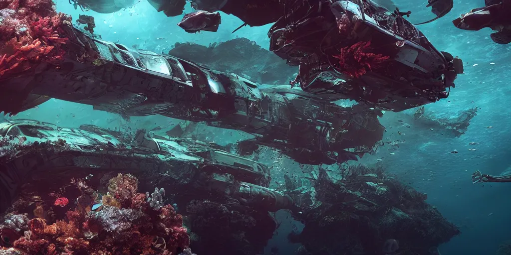 Prompt: underwater enviroment with a crashed alien ship in the background , unreal 5, hyperrealistic, realistic, photorealistic, dynamic lighting, highly detailed, cinematic landscape, studio landscape, studio lighting