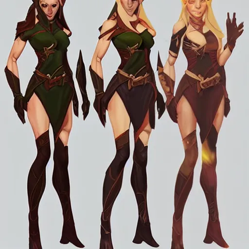 Prompt: character outfit concept sheet of fantasy female elf, by Josh Durham and Artgerm, highly detailed, artstation