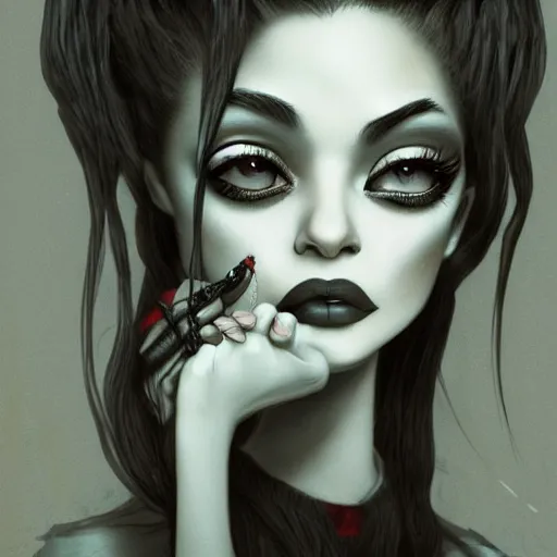 Image similar to michael karcz grunge drawing of kylie jenner. , in the style of corpse bride, loony toons style, horror themed, detailed, elegant, intricate, trending on artstation, 4k