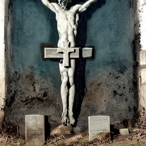 Image similar to one man in a cemetery, with a cross behind him, digging up a dead body, by nicola samori, painting, 8 k, high detail, blue, orange, and dark green tones, high quality, sad feeling, high detail, dark colors, sinister atmosphere, dramatic lighting, cinematic, establishing shot, extremely high detail, photo realistic, cinematic lighting