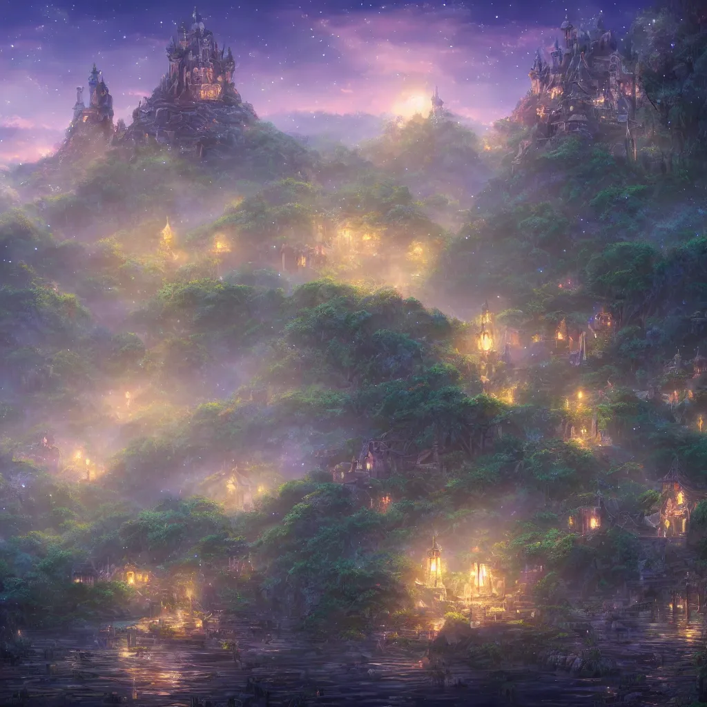 Prompt: kingdom of elves, outside of time and space, dreamy, romantic, night lighting, gorgeous lighting, dramatic cinematic lighting, intricate, highly detailed, studio ghibli, 8 k