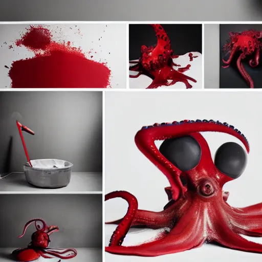 Image similar to a clean studio photography set, there is a bucket of red paint and it has just viciously exploded, there is paint EVERYWHERE, even on the octopus