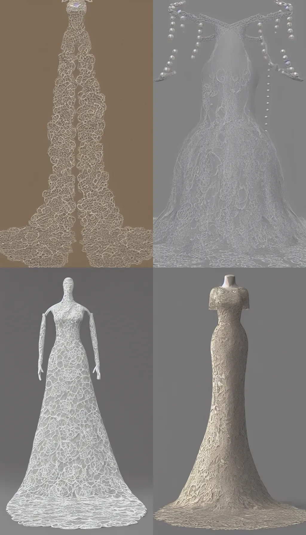 Prompt: very detailed long designer gown, with pearls, and lace, high octaine, very detailed render, cinematic
