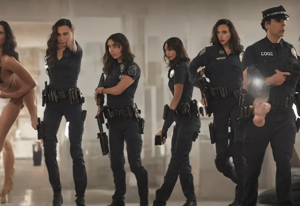 Prompt: movie still of gal gadot and demi rose as two cops switching bodies in the new oscar winning movie, directed by russo brothers, natural lighting, subject in the middle of the frame, 4 kuhd