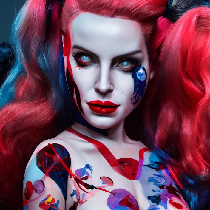 Image similar to portrait of lana del ray as a harley quinn. intricate abstract. intricate artwork. smooth. by Tooth Wu, wlop, beeple, dan mumford. octane render, trending on artstation, greg rutkowski very coherent symmetrical artwork. cinematic, hyper realism, high detail, octane render, 8k, iridescent accents