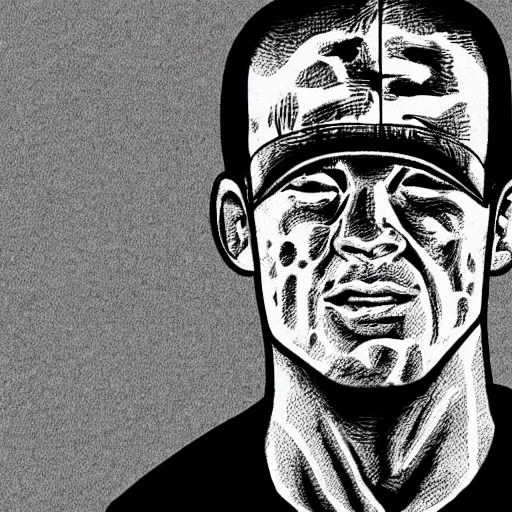 Image similar to black and white illustration of john cena in the style of junji ito