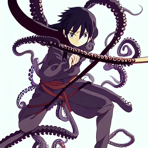 Image similar to key anime visuals of [ an octopus ninja, fighting with a katana ]. highly detailed, intricate, directed by makoto shinkai, anime manga style, trending on art station.