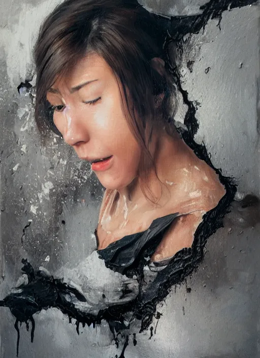 Prompt: portrait of a girl, oil dripping down her, hyper-realistic, high-tech