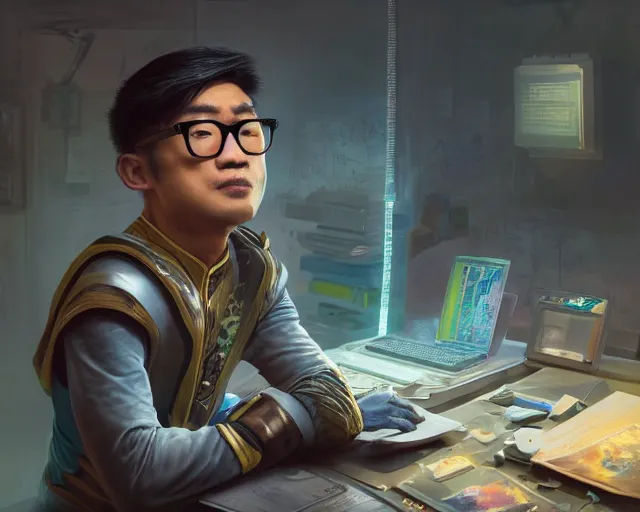 Image similar to an insanely detailed painting of a nerdy asian man wearing a superhero costume, sitting at a desk, staring at the nervously at the computer and typing, in the style of peter mohrbacher, dramatic lighting and composition, octane render, pixar, trending on artstation, concept art, comic book, view from behind