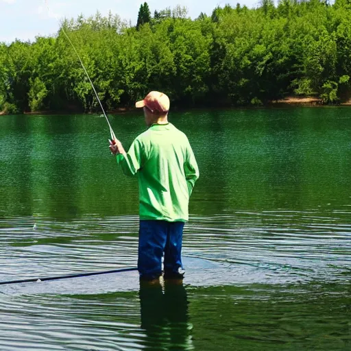 Prompt: salad fingers fishing in a green lake