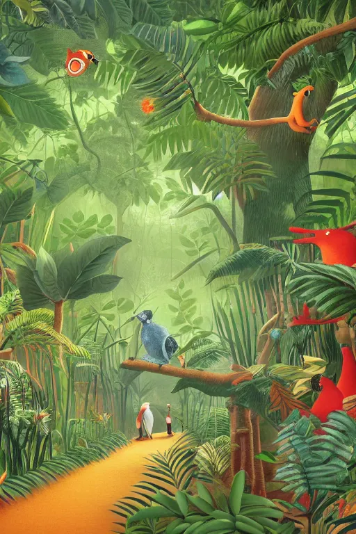 Image similar to rare bird in the jungle, night, stars, highly detailed, unreal engine render concept art, style of henri rousseau and richard scarry and hiroshi yoshida