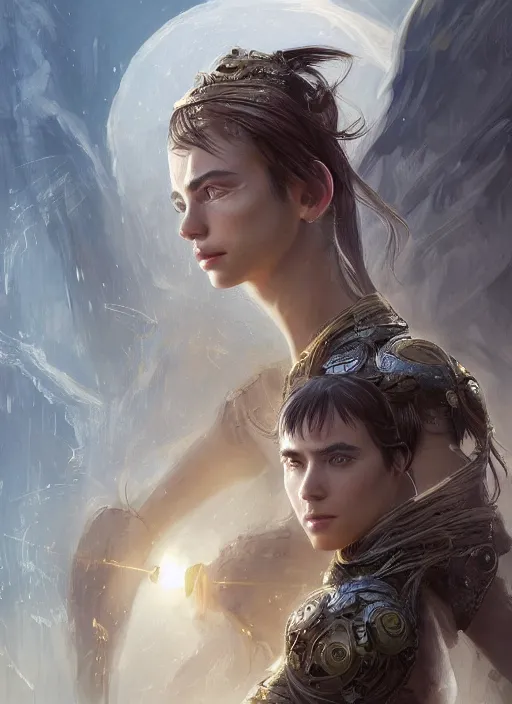 Image similar to a professional portrait of a beautiful young female, clothed in ethereal battle armor, olive skin, long dark hair, beautiful bone structure, symmetrical facial features, intricate, elegant, digital painting, concept art, smooth, sharp focus, finely detailed, illustration, from Valerian and the City of a Thousand Planets, in the style of Ruan Jia and Mandy Jurgens and Artgerm and Greg Rutkowski and William-Adolphe Bouguerea