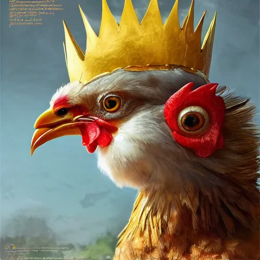 Prompt: a chicken animal wearing a small chicken-sized golden crown on its head and small royal robes clothes. By Makoto Shinkai, Stanley Artgerm Lau, WLOP, Rossdraws, James Jean, Andrei Riabovitchev, Marc Simonetti, krenz cushart, Sakimichan, trending on ArtStation, digital art. Animal photo.