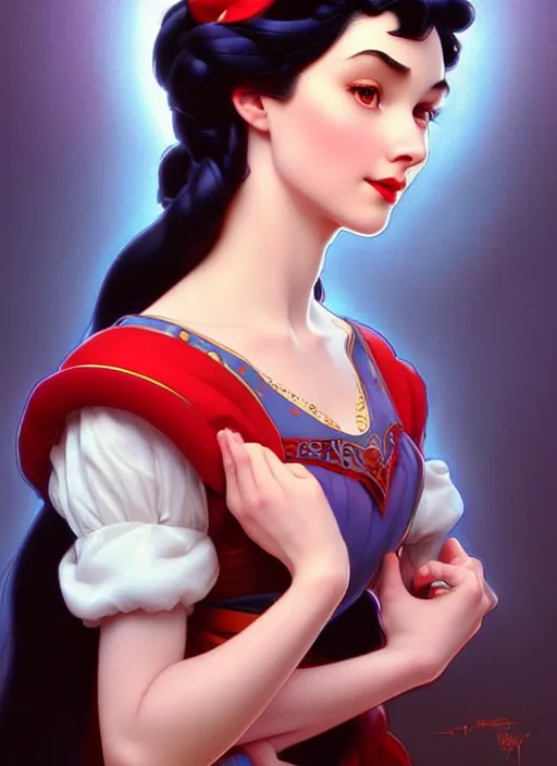 Image similar to portrait of disney snow white, intricate, elegant, highly detailed, my rendition, digital painting, artstation, concept art, smooth, sharp focus, illustration, art by artgerm and greg rutkowski and alphonse mucha and uang guangjian and gil elvgren and sachin teng, symmetry!!