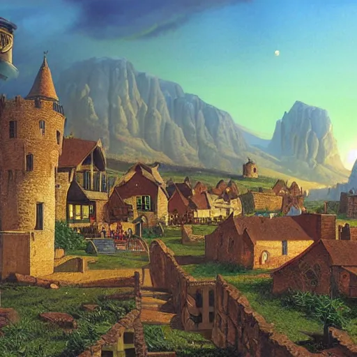 Image similar to a medieval village next to a space port. used future aesthetic. digital matte painting by james gurney and david mattingly.