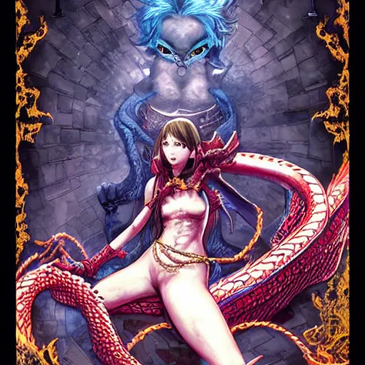 Prompt: Dragon Woman in chains, game poster printed on playstation 2 video game box , Artwork by Akihiko Yoshida, cinematic composition