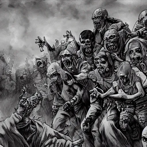 Image similar to zombie attack on the village in the style of kentaro miura, 4 k, 8 k, trending on artstation, artstationhd, artstationhq, detailed drawing of even the most insignificant details