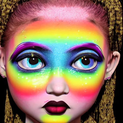 Image similar to a 3 d realistic image of a mythological young girl with rainbow hair looks at the camera, she has sparkles and stickers on her face painting by mark ryden 3 d 8 k ultra detailed