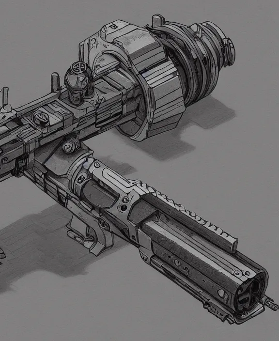 Prompt: a detailed manga style illustration of a submachine firearm concept from 2 0 5 0, by moebius and stephan martiniere, 4 k resolution, detailed, unreal engine, octane render, trending on artstation