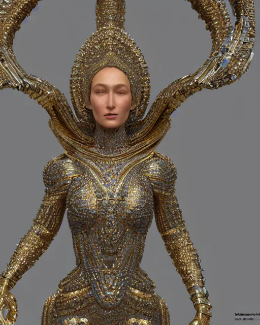 Image similar to a highly detailed metahuman 4 k close up render of a bella hadid nataraja monument renaissance in iris van herpen dress schiaparelli in diamonds crystals swarovski and jewelry iridescent in style of alphonse mucha gustav klimt trending on artstation made in unreal engine 4