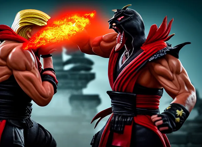 Image similar to trump fights biden in mortal kombat on the background of an ancient temple with a giant shao kahn laughing. fantasy magic style. highly detailed 8 k. intricate. lifelike. soft light. sony a 7 r iv 5 5 mm. cinematic post - processing