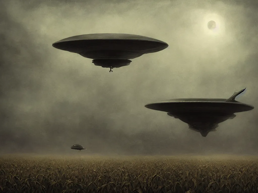 Prompt: Dark fantasy Painting of a UFO spaceship floating over a foggy corn field at night, creepy, unsettling, horror, thriller, mystery, intricate, wild, highly detailed, digital painting, artstation, concept art, smooth, sharp focus, illustration, art by artgerm and greg rutkowski and alphonse mucha