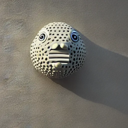 Prompt: : puffer fish pattern sculpture art on the wall in modern architecture studio, cinematic lighting, hyper - realistic, detailed, render by c 4 d octane, unreal engine, 8 k 3 d render