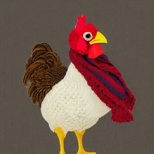 Image similar to A chicken knitting a scarf,