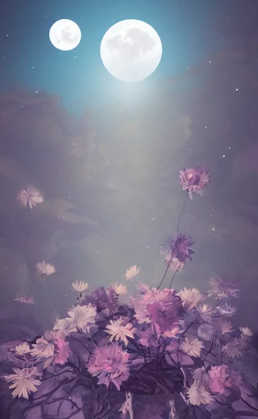 Image similar to surreal flowers under the moonlight, soft render, volumetric lighting, 3d grainy aesthetic illustration, editorial magazine cover