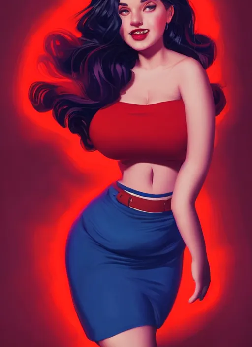 Image similar to full body portrait of teenage veronica lodge, obese, bangs, sultry, realistic, sultry smirk, wavy hair, red skirt, fat, belly, intricate, elegant, glowing lights, highly detailed, digital painting, artstation, concept art, smooth, sharp focus, illustration, art by wlop, mars ravelo and greg rutkowski