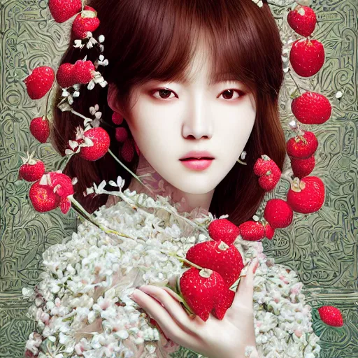 Prompt: the portrait of an absurdly beautiful, graceful, elegant, sophisticated, fashionable young kpop idol made of strawberries and white petals, an ultrafine hyperdetailed illustration by kim jung gi, irakli nadar, intricate linework, bright colors, octopath traveler, final fantasy, unreal engine 5 highly rendered, global illumination, radiant light, detailed and intricate environment