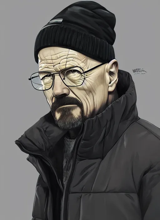 Image similar to walter white wearing a black supreme puffer jacket and a beanie, elegant, digital painting, concept art, smooth, sharp focus, illustration, from starcraft by ruan jia and mandy jurgens and artgerm and william - adolphe bouguerea