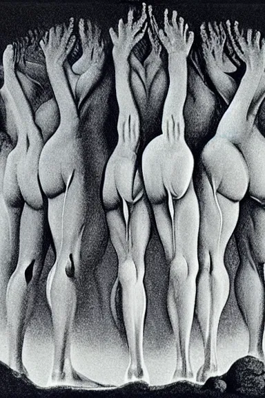 Prompt: A vintage scientific illustration from the 1970s of humans forming caves with their bodies by Zdzisław Beksiński