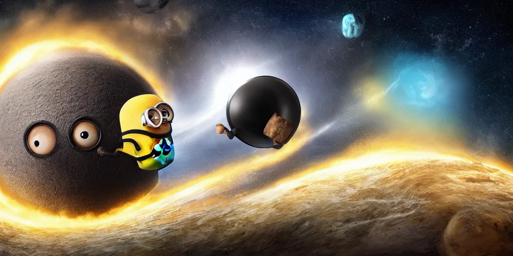 Image similar to a giant minion devouring a planet with its mouth made of blackhole, hyper realistic