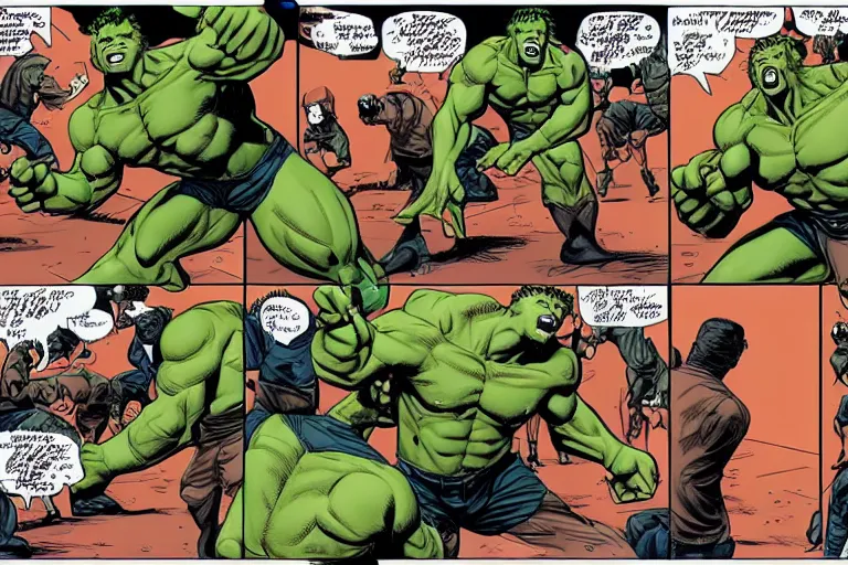 Prompt: hulking out, hulkout, turning into the hulk, comic sequence, sequential art, dynamic posing, cinematic, action, motion