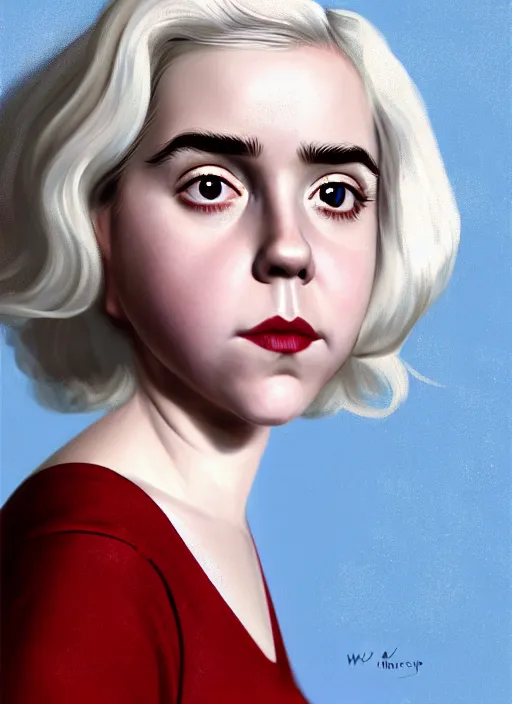 Image similar to full body portrait, kiernan shipka as sabrina spellman, white hair, obese, bangs, sultry, realistic, sultry smirk, fluffy bangs, curly bangs, fat, belly, intricate, elegant, highly detailed, digital painting, artstation, concept art, smooth, sharp focus, illustration, art by wlop, mars ravelo and greg rutkowski