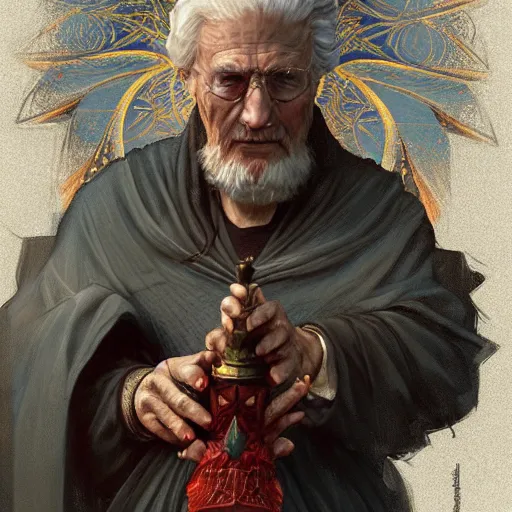 Image similar to An elderly orthodox patriarch as a Lady Liberty riding the red dragon of china, highly detailed, digital painting, artstation, concept art, smooth, sharp focus, illustration, art by artgerm and greg rutkowski and alphonse mucha