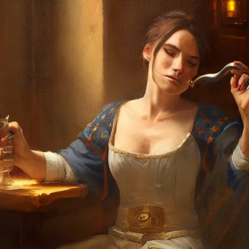 Image similar to 'portrait of a bard drinking in a tavern, art by Greg Rutkowski, 4k'